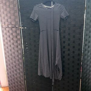Club Monaco Navy Blue And White Stripped Midi Dress With Belt